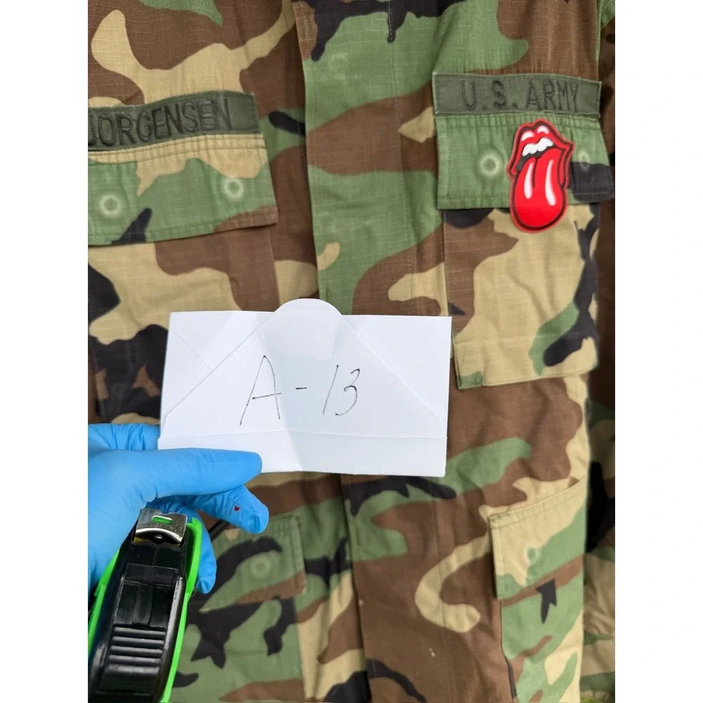 US Army BDU Jacket Woodland Camo Medium Short Rolling Stones Patch Jorgensen